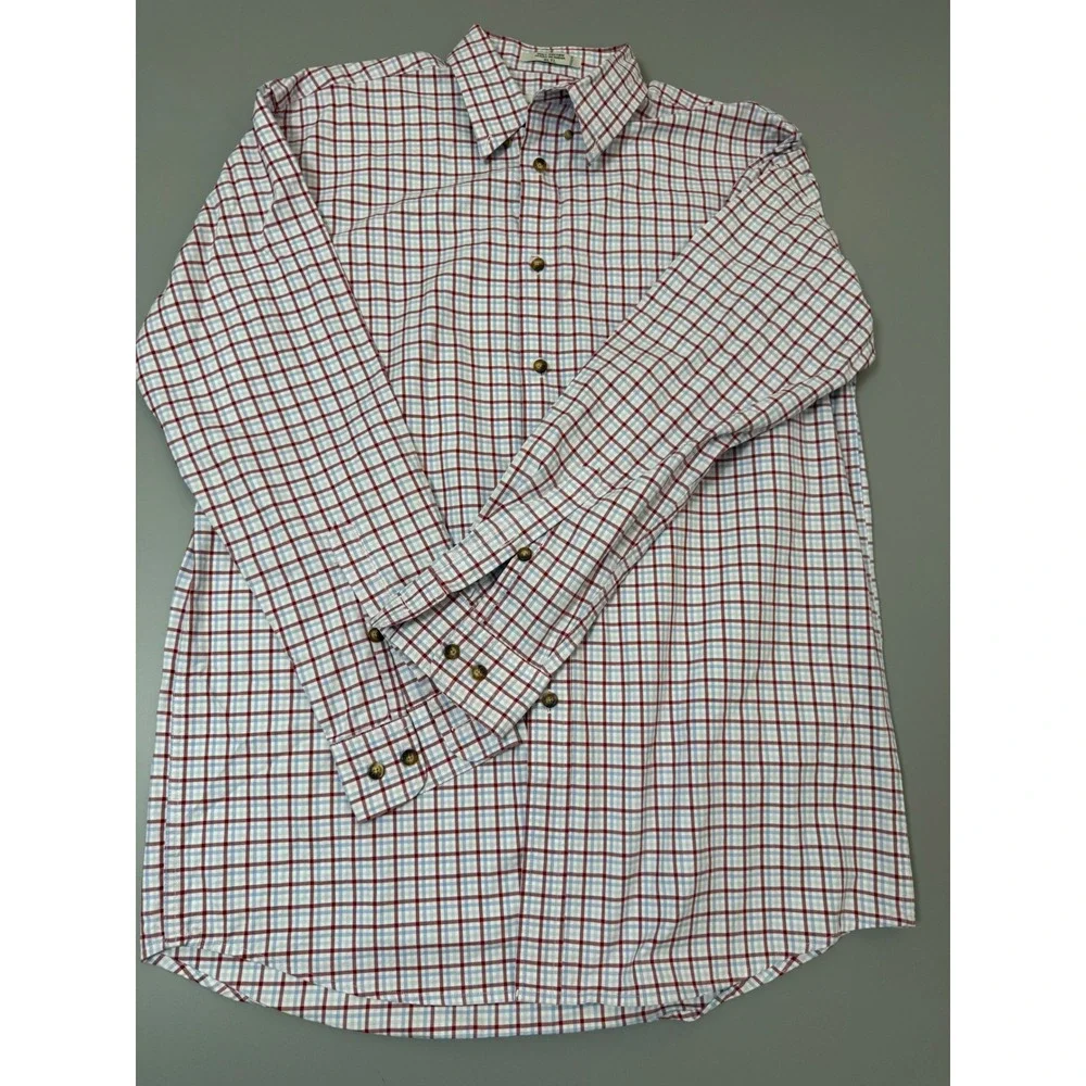 Orvis Mens XL Tall Red Blue Tattersall Plaid Button Down Cotton Shirt XLT L